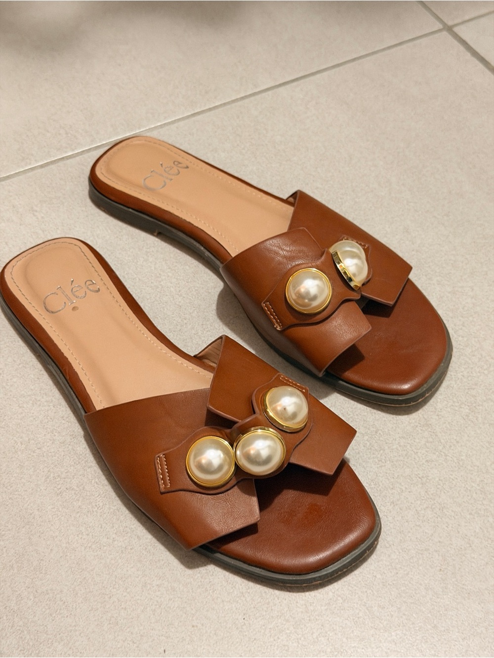Clee Brown Leather Slide Mules with Pearl & Gold Accents